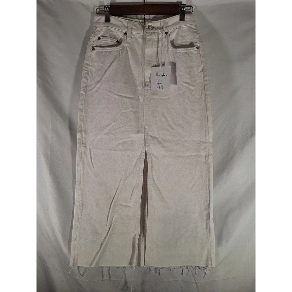 Pistola Alice White Denim Midi Skirt Raw Hem Front Slit Women's Size 26‎